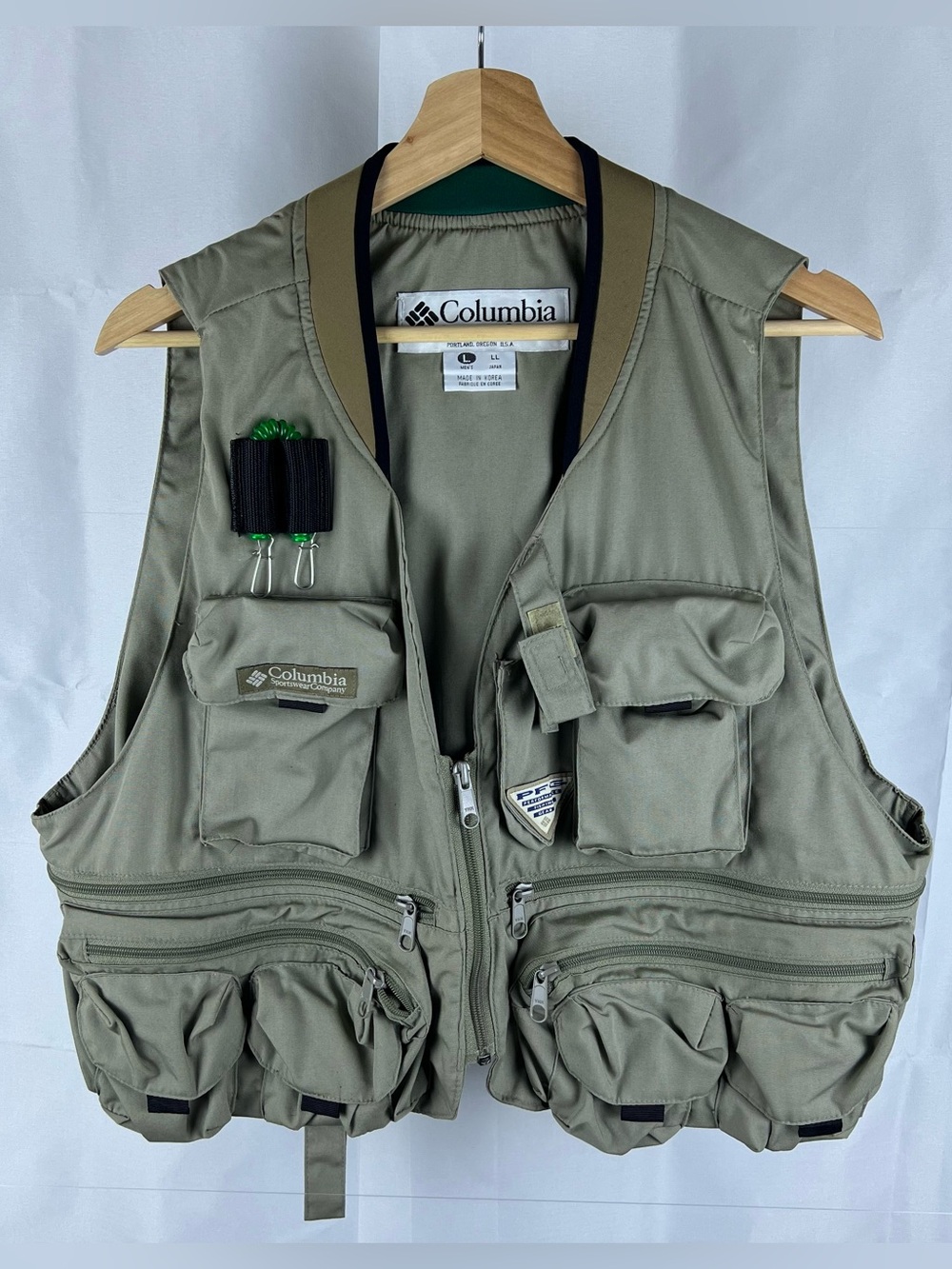 VTG Columbia PFG Multi-pocket Full Zip Fishing Vest Green Mens L Utility